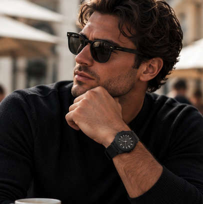 Man in black wearing a Stealth Black Marghet Taury watch at a café